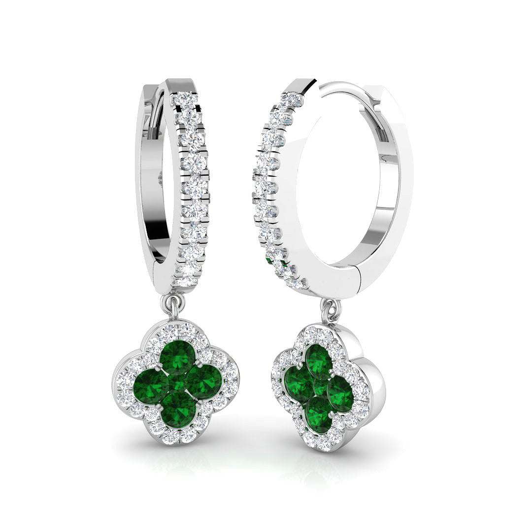 Clover Diamond Emerald Hoop Earrings in 10K/14K gold and platinum with certified lab-grown or natural diamonds