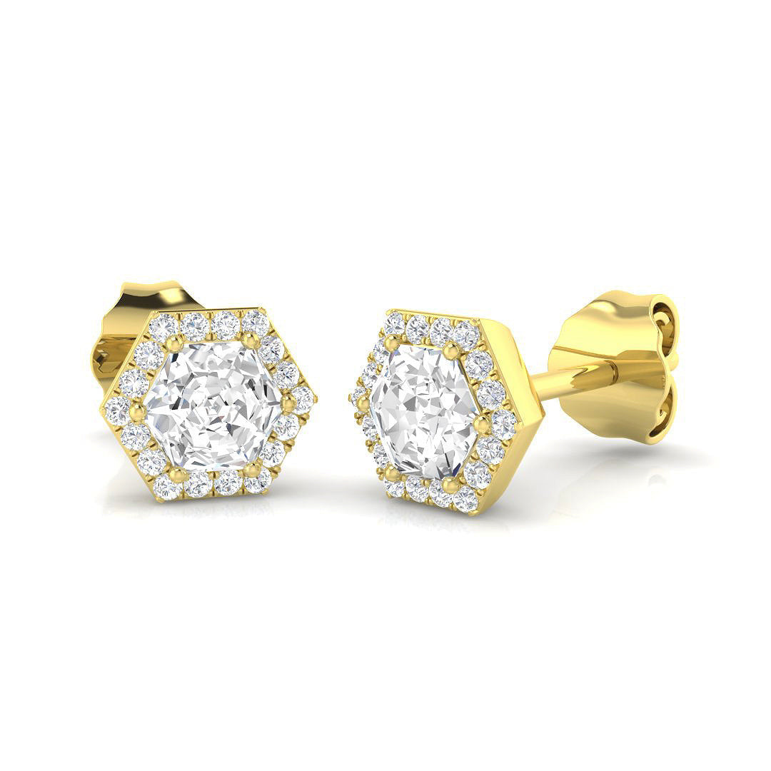 Halo Stud Earrings - 0.50 Carat Epsny Hexagon Geometric Profile in 10K/14K gold and platinum with certified lab-grown or natural diamonds