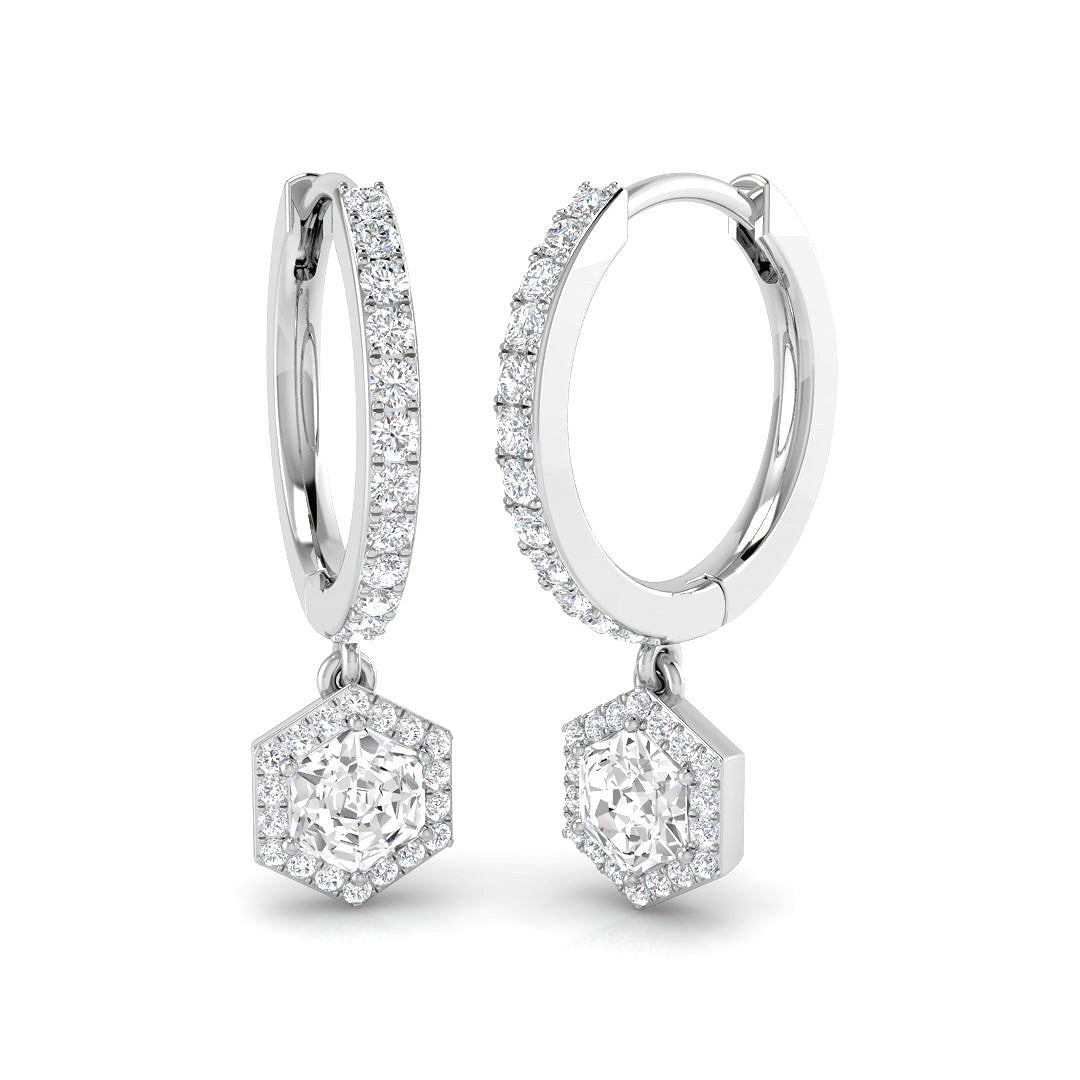 Hexagon Diamond Drop Hoop Earrings in in 10K/14K gold and platinum with certified lab-grown or natural diamonds
