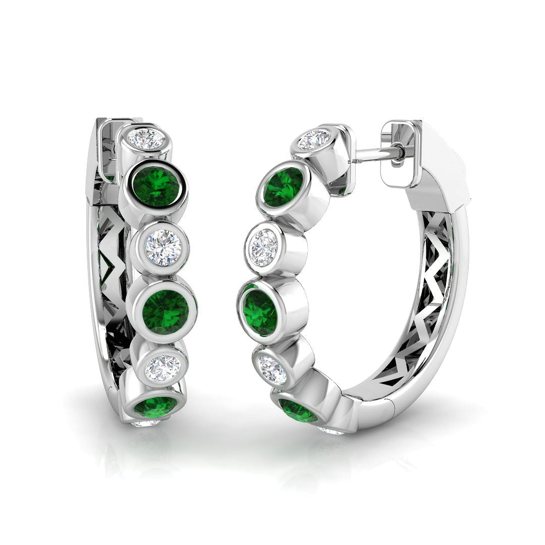 Emerald & Diamond Bezel Hoop Earrings in 10K/14K gold and platinum with certified lab-grown or natural diamonds