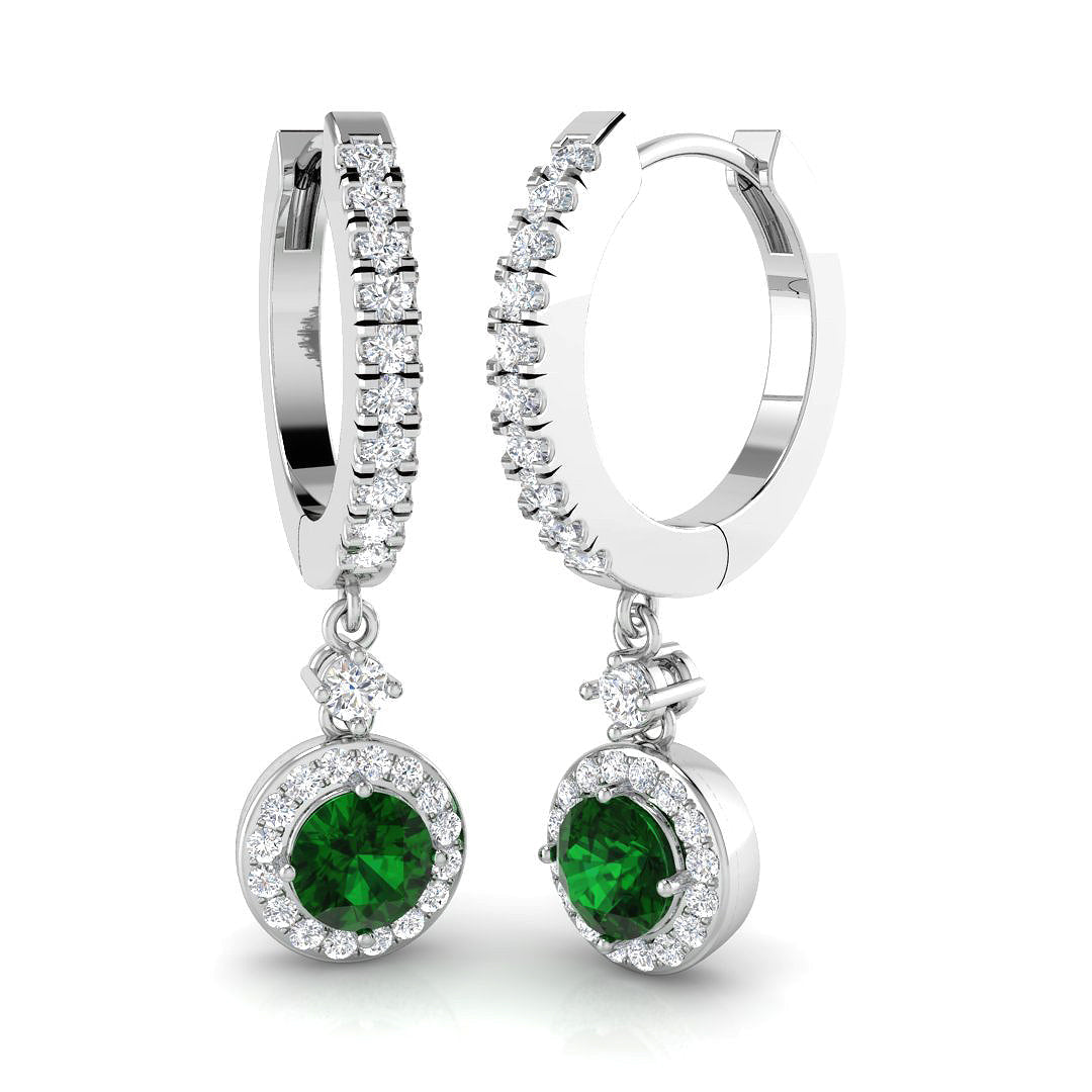 Green Emerald Halo Hoop Earrings with Pave Diamonds in 10K/14K gold and platinum with certified lab-grown or natural diamonds