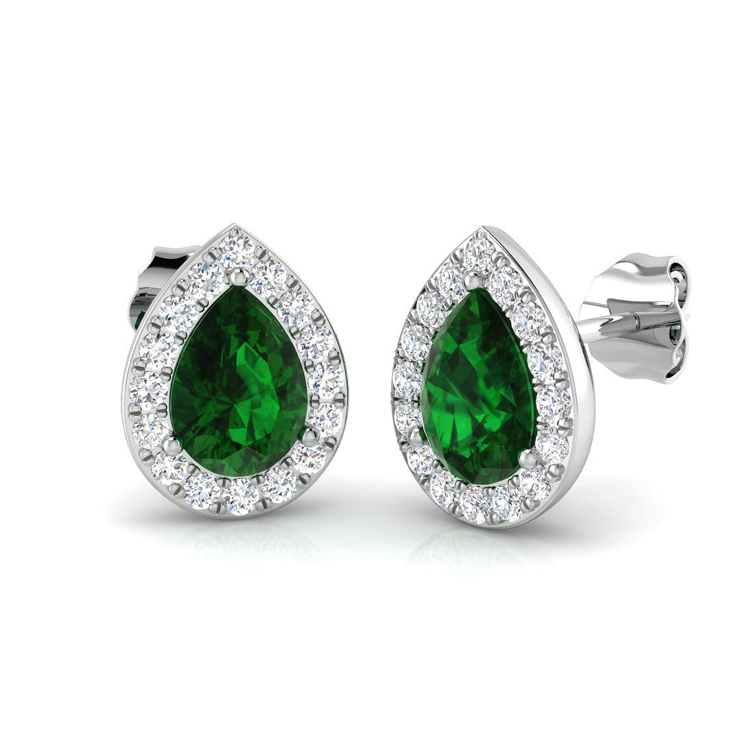 Pear Cut Green Emerald Halo Diamond Earrings - Gifting Collection in 10K/14K gold and platinum with certified lab-grown or natural diamonds