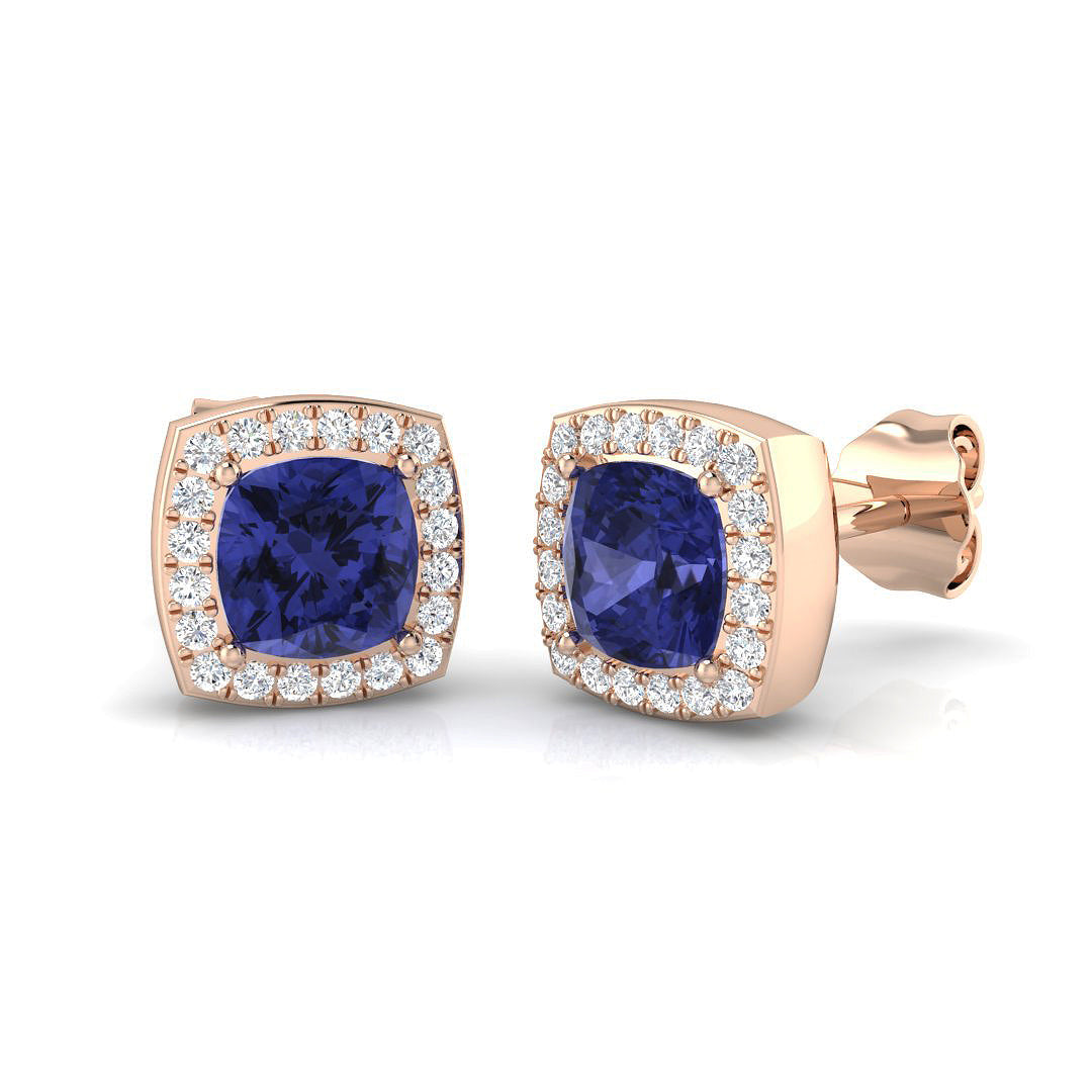 Tanzanite Halo Stud Earrings with Round Pave Diamonds in 10K/14K gold and platinum with certified lab-grown or natural diamonds