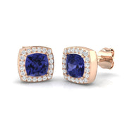 Tanzanite Halo Stud Earrings with Round Pave Diamonds in 10K/14K gold and platinum with certified lab-grown or natural diamonds