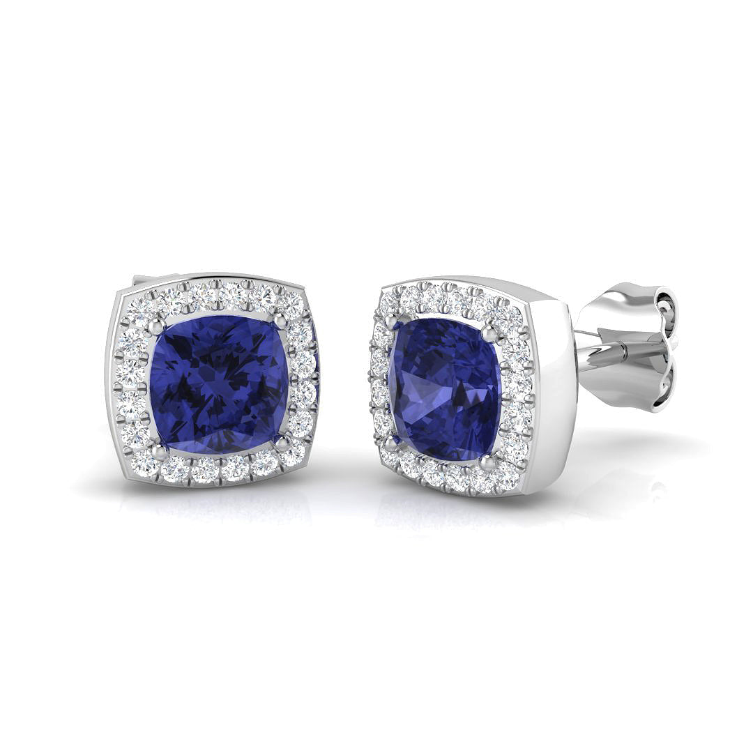 Tanzanite Halo Stud Earrings with Round Pave Diamonds in 10K/14K gold and platinum with certified lab-grown or natural diamonds