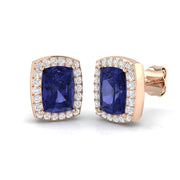 Cushion Cut Tanzanite Halo Stud Earrings in 10K/14K gold and platinum with certified lab-grown or natural diamonds