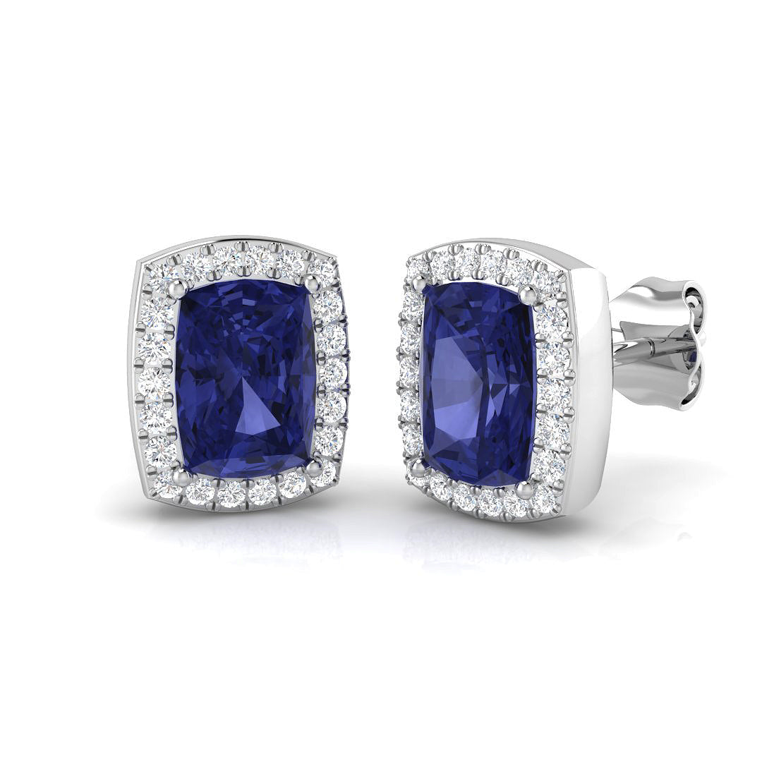 Cushion Cut Tanzanite Halo Stud Earrings in 10K/14K gold and platinum with certified lab-grown or natural diamonds