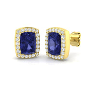 Cushion Cut Tanzanite Halo Stud Earrings in 10K/14K gold and platinum with certified lab-grown or natural diamonds