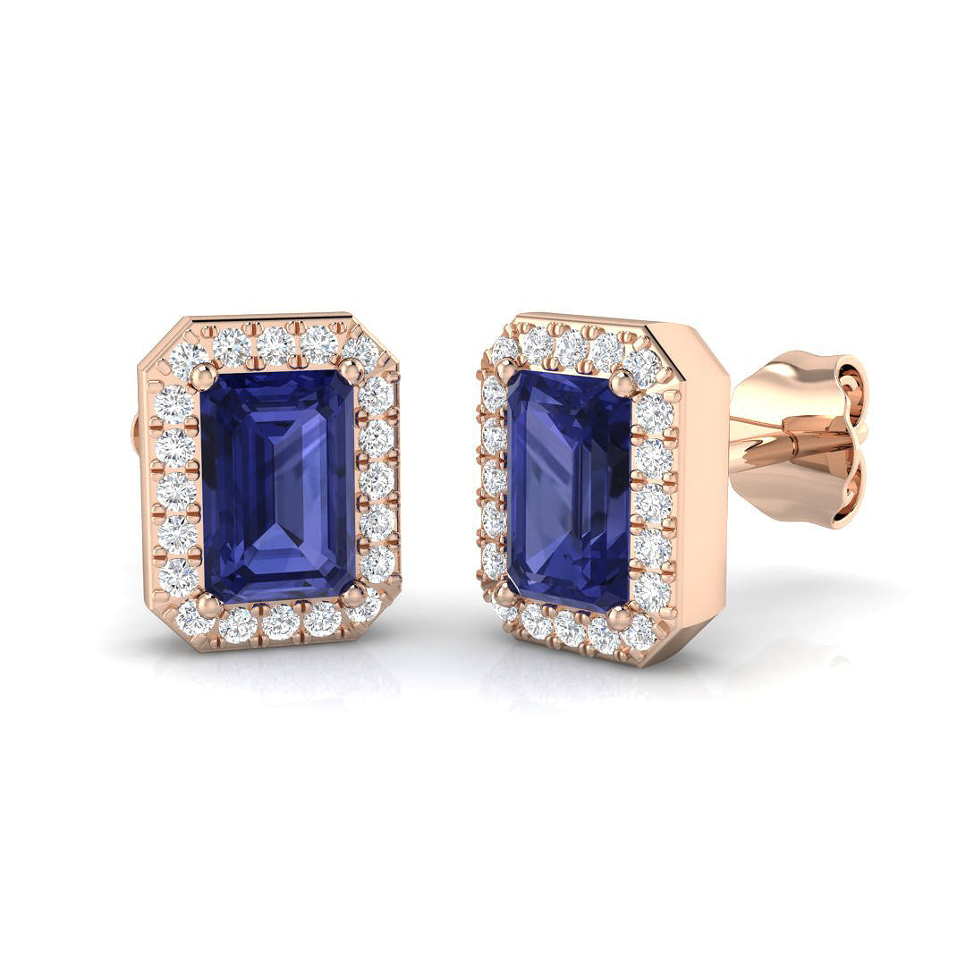 Emerald Cut Tanzanite Diamond Stud Earrings in 10K/14K gold and platinum with certified lab-grown or natural diamonds