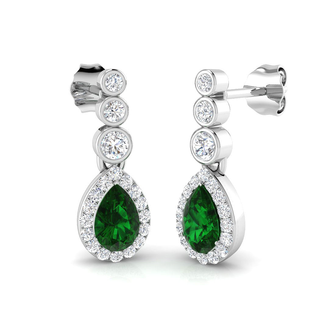 Green Emerald Teardrop Earrings With Round Bezel Set in 10K/14K gold and platinum with certified lab-grown or natural diamonds