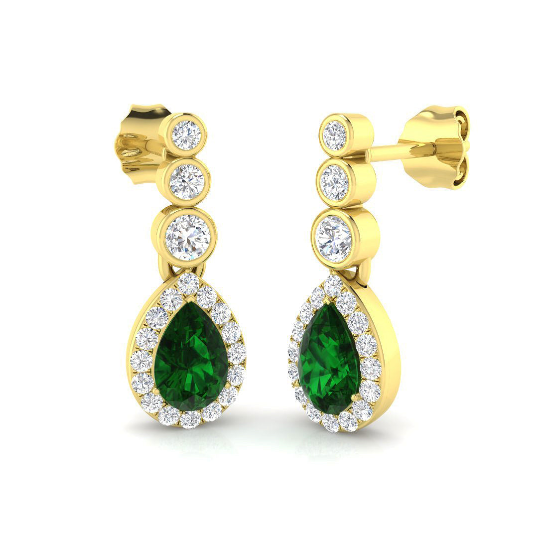 Green Emerald Teardrop Earrings With Round Bezel Set in 10K/14K gold and platinum with certified lab-grown or natural diamonds