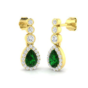 Green Emerald Teardrop Earrings With Round Bezel Set in 10K/14K gold and platinum with certified lab-grown or natural diamonds