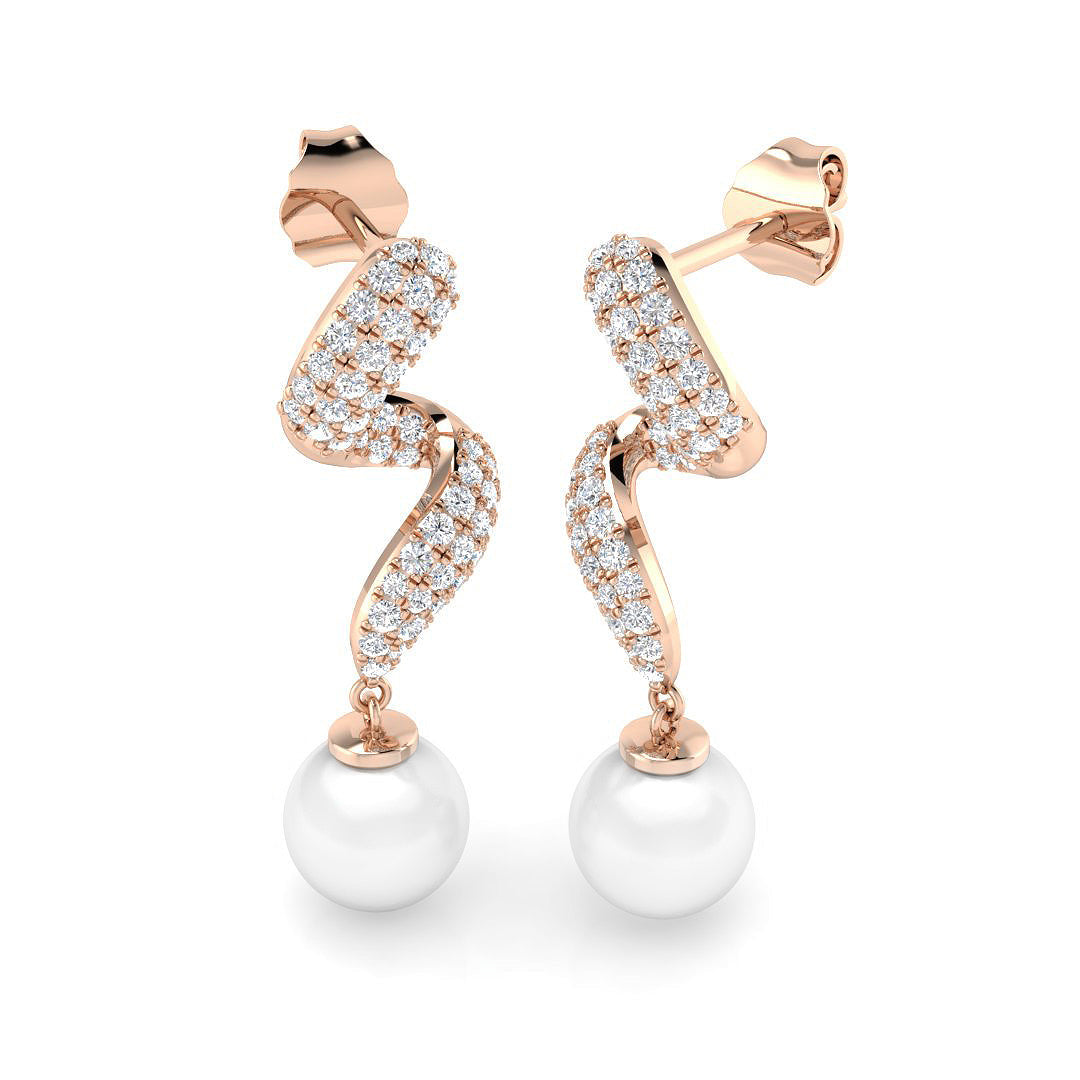 Pearl Drop Earrings with Pave Set Round Diamonds in 10K/14K gold and platinum with certified lab-grown or natural diamonds