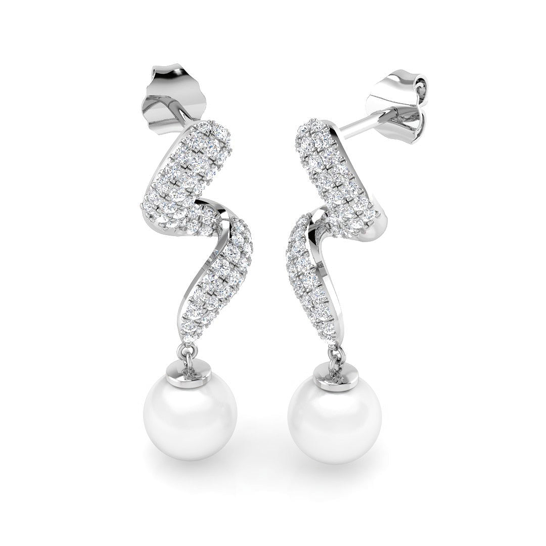 Pearl Drop Earrings with Pave Set Round Diamonds in 10K/14K gold and platinum with certified lab-grown or natural diamonds