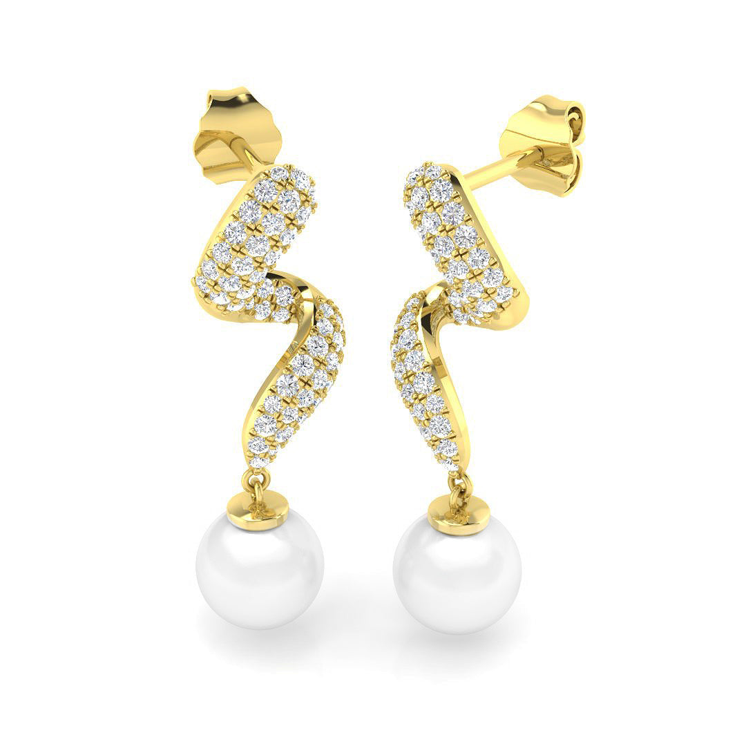 Pearl Drop Earrings with Pave Set Round Diamonds in 10K/14K gold and platinum with certified lab-grown or natural diamonds