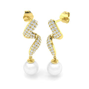 Pearl Drop Earrings with Pave Set Round Diamonds in 10K/14K gold and platinum with certified lab-grown or natural diamonds