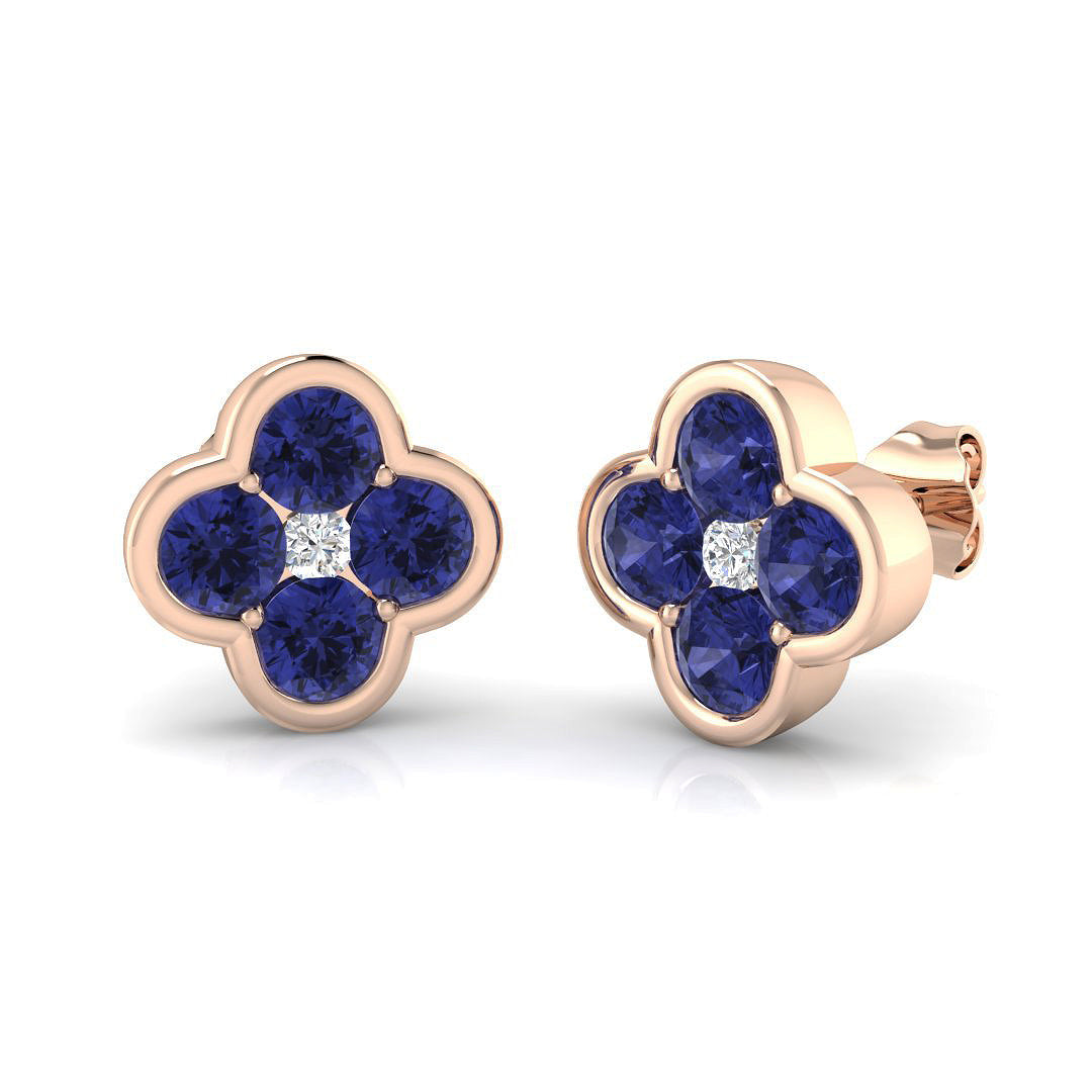 Tanzanite Clover Stud Earrings with Diamond Centre - Luxury Elegance in 10K/14K gold and platinum with certified lab-grown or natural diamonds