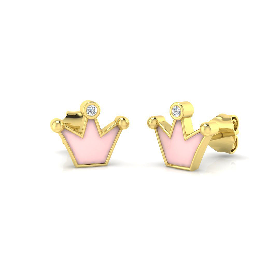 Stunning 0.10Ct Diamond Pink Crown Princess Stud Earrings in 10K/14K gold and platinum with certified lab-grown or natural diamonds