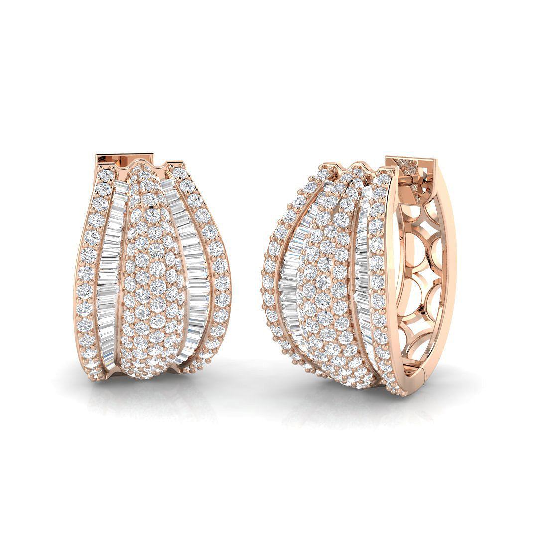 Hoop Earrings with Wide Multi Row Diamonds - 2ct Baguette & Brilliant in 10K/14K gold and platinum with certified lab-grown or natural diamonds