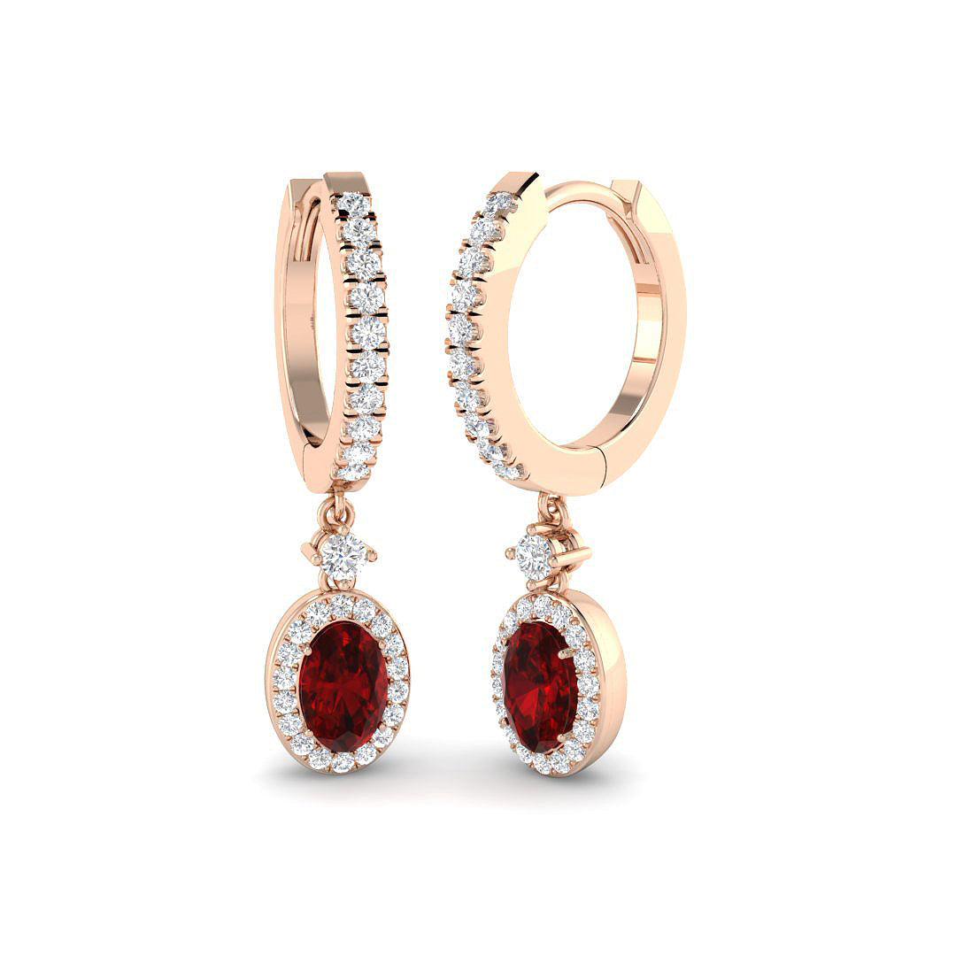Oval Cut Ruby Diamond Drop Earrings with Pave Diamonds in 10K/14K gold and platinum with certified lab-grown or natural diamonds