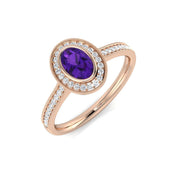 Amethyst Halo Ring Oval Cut with Milgrain Pave Diamond Band in 10K/14K gold and platinum with certified lab-grown or natural diamonds