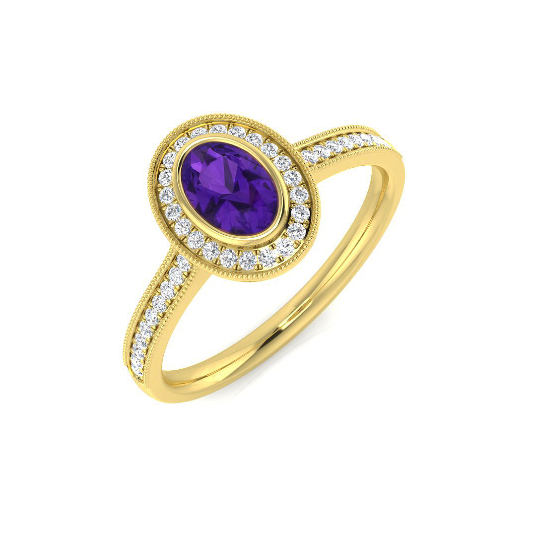 Amethyst Halo Ring Oval Cut with Milgrain Pave Diamond Band in 10K/14K gold and platinum with certified lab-grown or natural diamonds