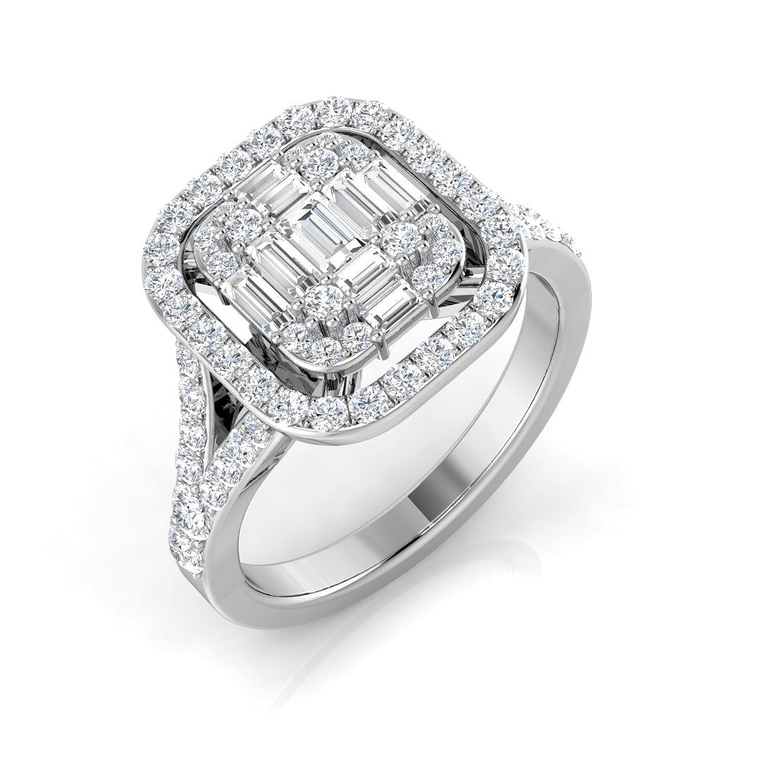 1.00 Ct Baguette & Round Diamond Double Halo Style Engagement Ring in 10K/14K gold and platinum with certified lab-grown or natural diamonds