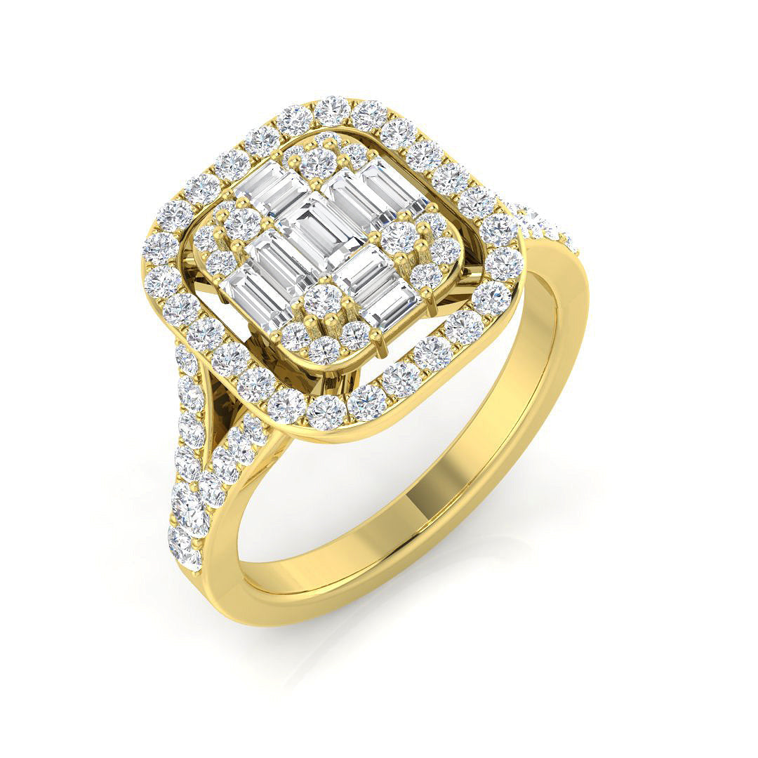 1.00 Ct Baguette & Round Diamond Double Halo Style Engagement Ring in 10K/14K gold and platinum with certified lab-grown or natural diamonds