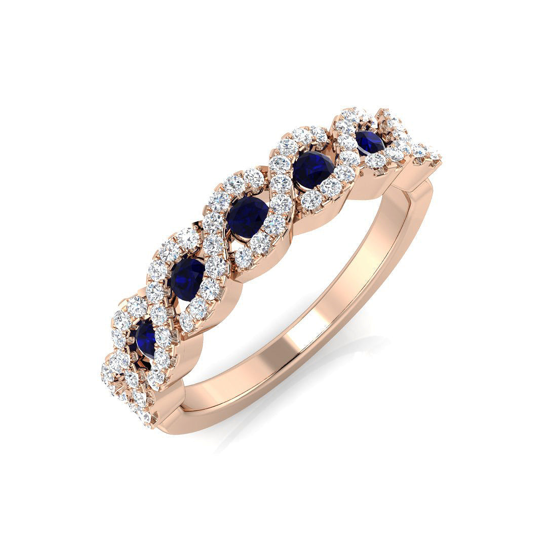 Blue Sapphire Diamond Infinity Ring with Twisted Band in 10K/14K gold and platinum with certified lab-grown or natural diamonds