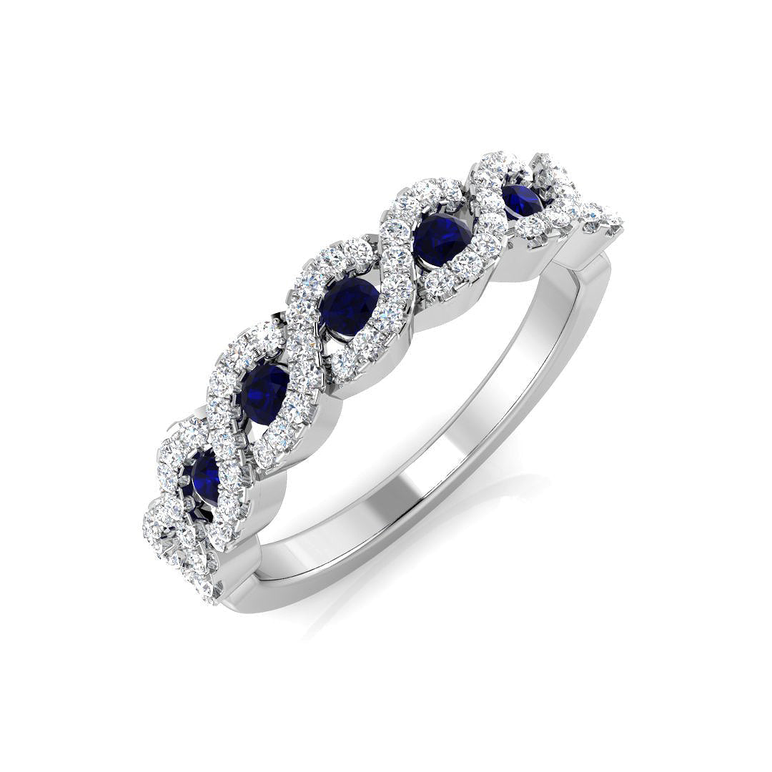 Blue Sapphire Diamond Infinity Ring with Twisted Band in 10K/14K gold and platinum with certified lab-grown or natural diamonds