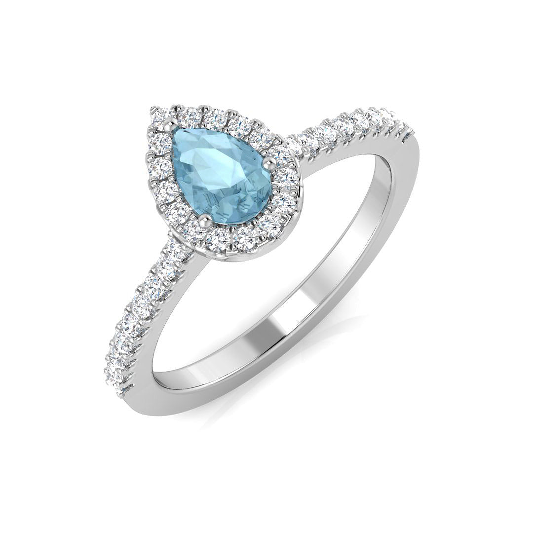 Pear Cut Aquamarine Halo Ring with Diamond Pave Band in 10K/14K gold and platinum with certified lab-grown or natural diamonds