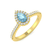 Pear Cut Aquamarine Halo Ring with Diamond Pave Band in 10K/14K gold and platinum with certified lab-grown or natural diamonds