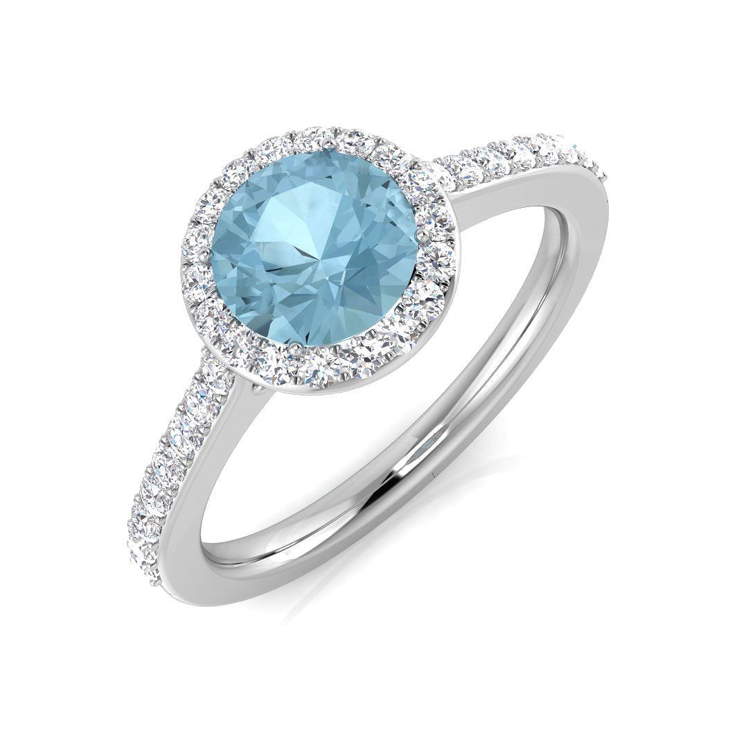 Round Cut Aquamarine Halo Ring with Pave Diamond Band - Fine Jewellery in 10K/14K gold and platinum with certified lab-grown or natural diamonds