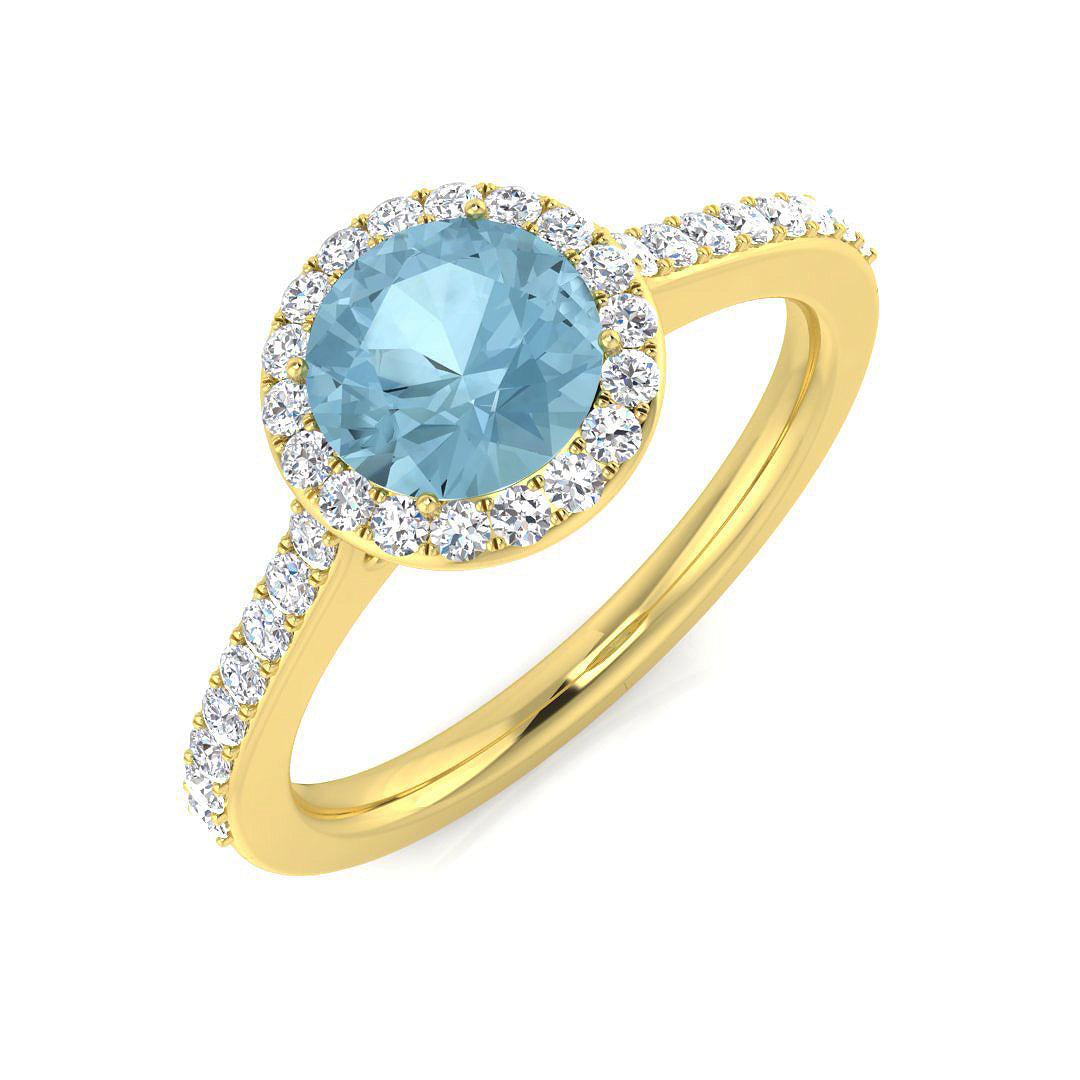 Round Cut Aquamarine Halo Ring with Pave Diamond Band - Fine Jewellery in 10K/14K gold and platinum with certified lab-grown or natural diamonds