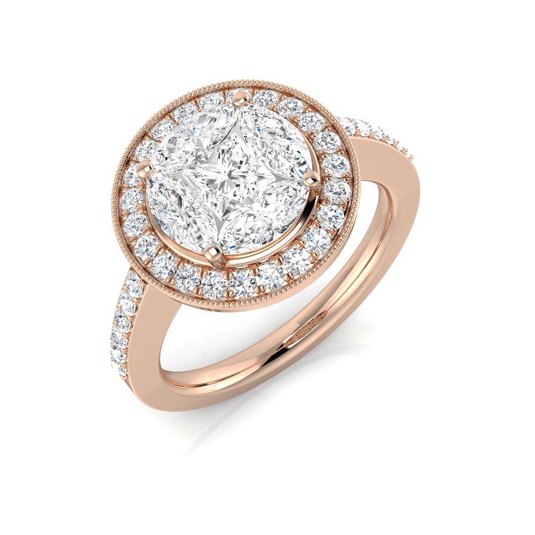 Luxury Princess Cut Diamond Halo Cluster Ring 1.5ct Milgrain in 10K/14K gold and platinum with certified lab-grown or natural diamonds