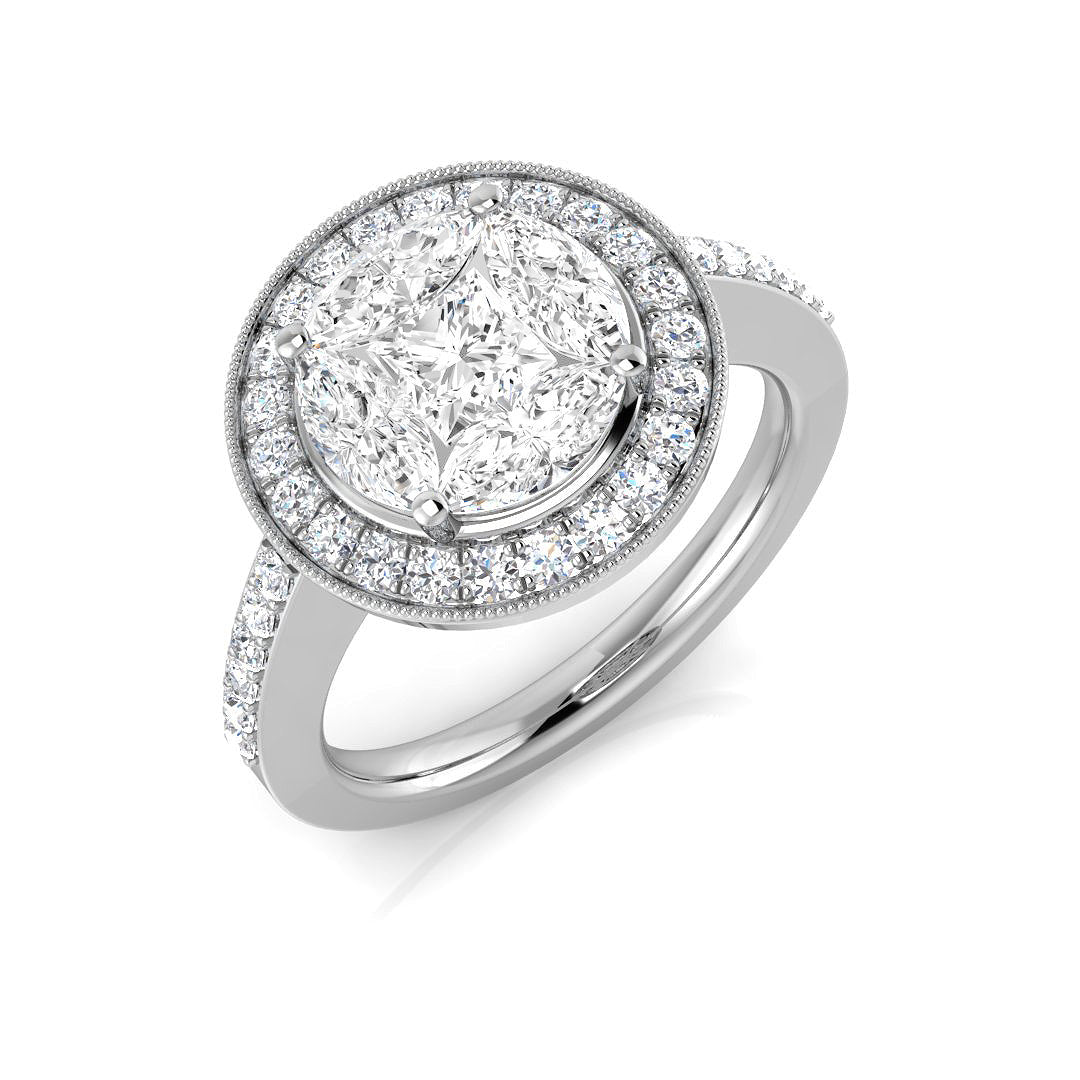 Luxury Princess Cut Diamond Halo Cluster Ring 1.5ct Milgrain in 10K/14K gold and platinum with certified lab-grown or natural diamonds