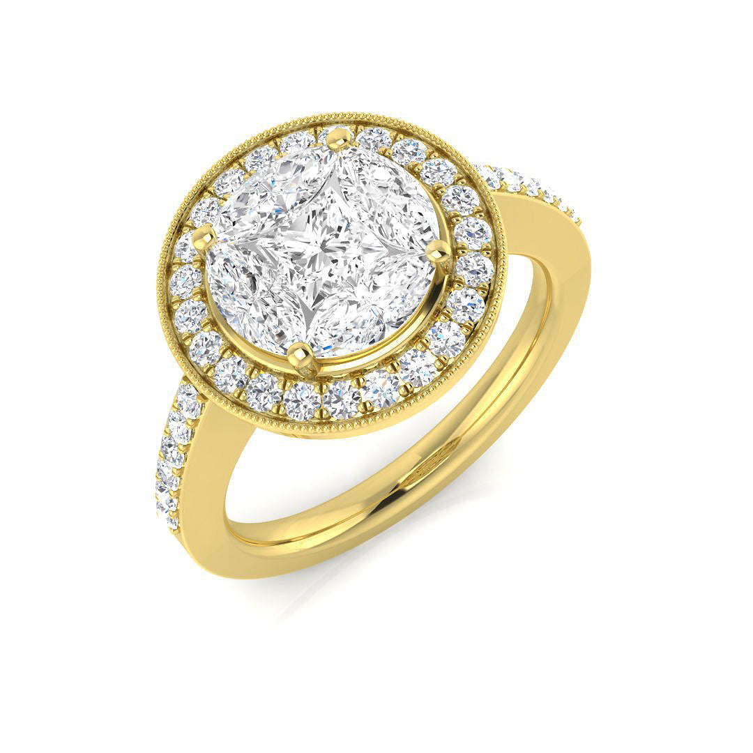 Luxury Princess Cut Diamond Halo Cluster Ring 1.5ct Milgrain in 10K/14K gold and platinum with certified lab-grown or natural diamonds