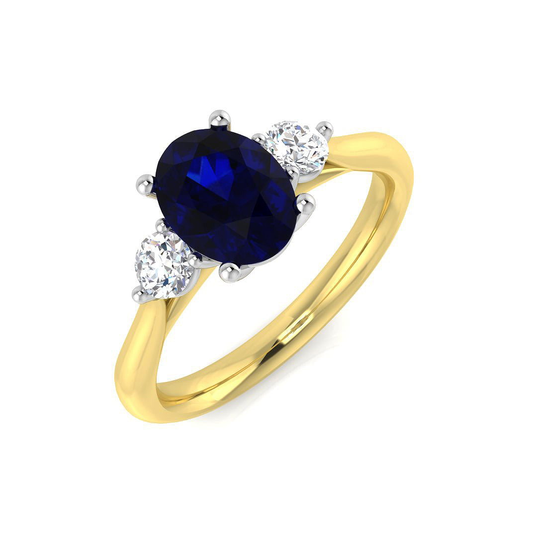 Oval Cut Blue Sapphire Trilogy Ring with Round Diamonds Side Stones in 10K/14K gold and platinum with certified lab-grown or natural diamonds