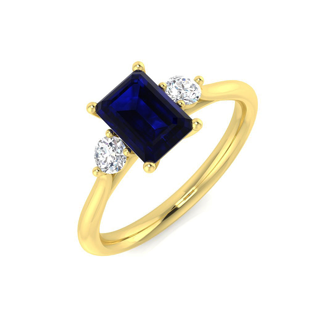 Emerald Cut Blue Sapphire Three Stone Ring in 10K/14K gold and platinum with certified lab-grown or natural diamonds