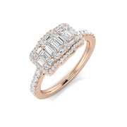 Baguette & Round Diamond Ring 0.5ct Halo Cluster UK Made in 10K/14K gold and platinum with certified lab-grown or natural diamonds