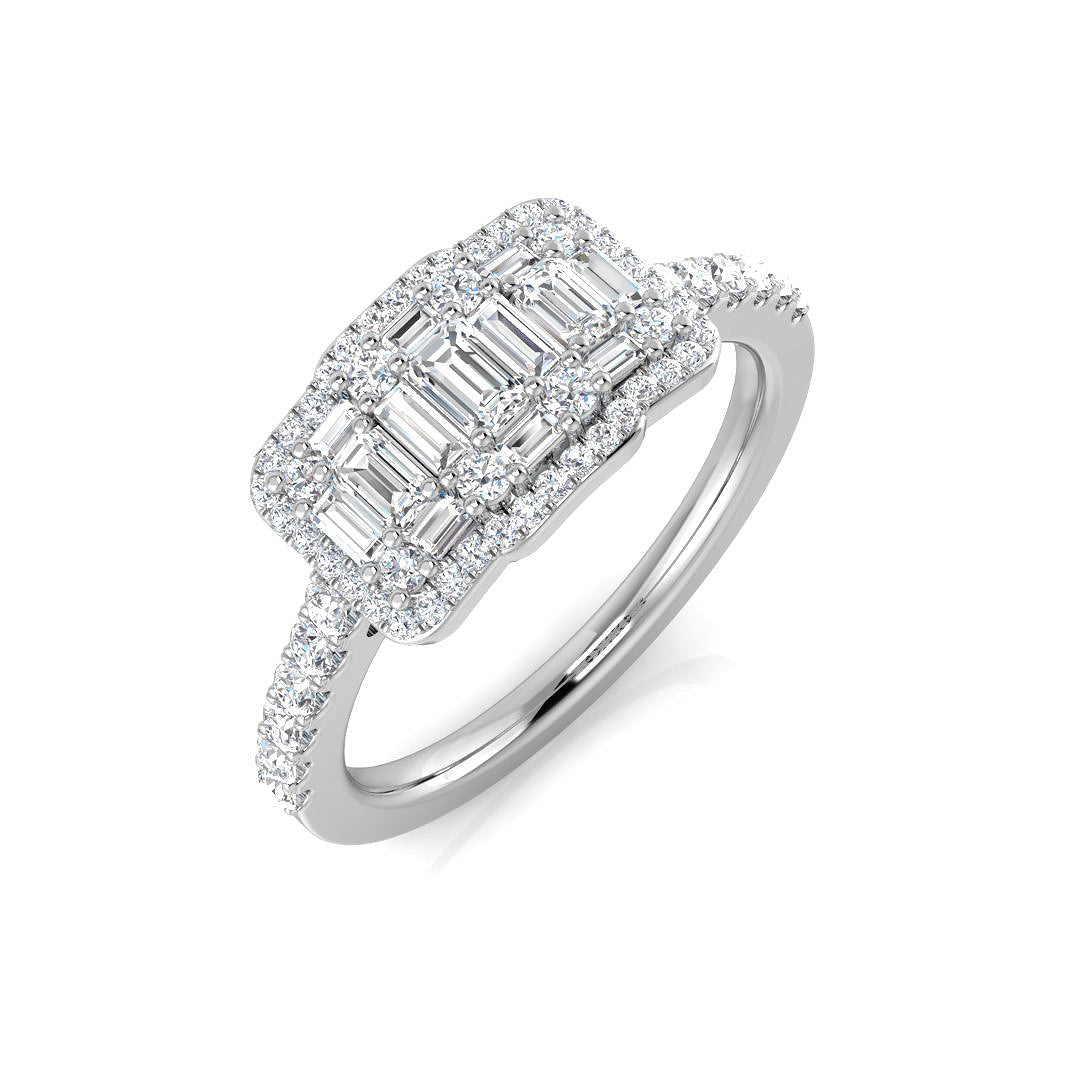 Baguette & Round Diamond Ring 0.5ct Halo Cluster UK Made in 10K/14K gold and platinum with certified lab-grown or natural diamonds