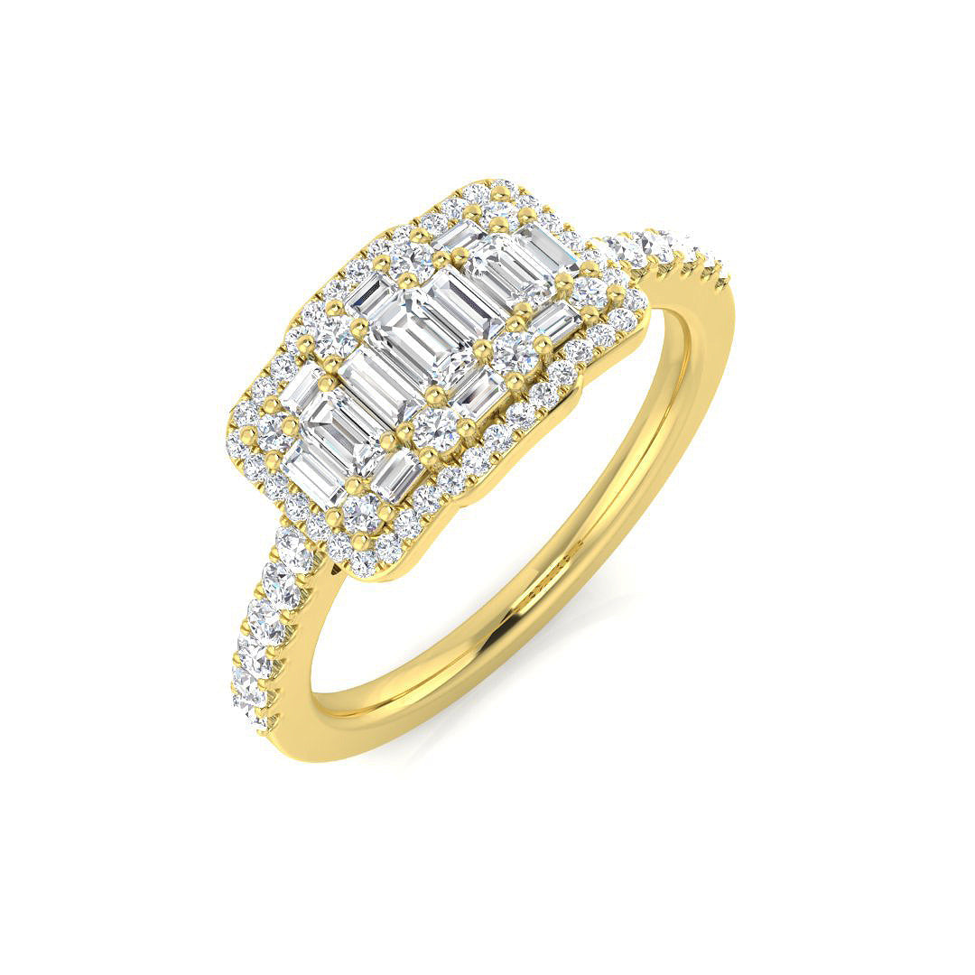 Baguette & Round Diamond Ring 0.5ct Halo Cluster UK Made in 10K/14K gold and platinum with certified lab-grown or natural diamonds