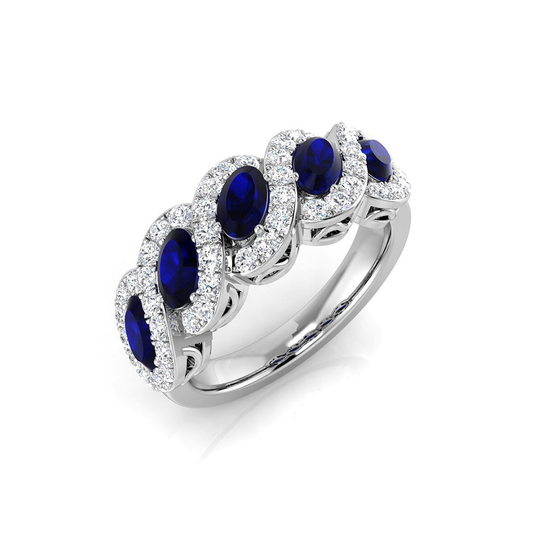 Blue Sapphire Five Stone Ring Oval Cut with Natural Round Side Accents in 10K/14K gold and platinum with certified lab-grown or natural diamonds