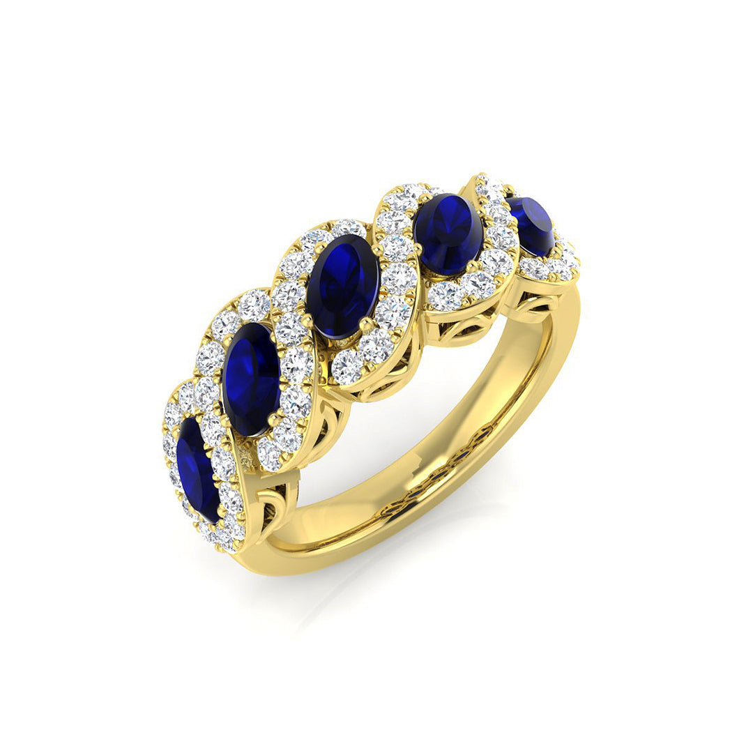 Blue Sapphire Five Stone Ring Oval Cut with Natural Round Side Accents in 10K/14K gold and platinum with certified lab-grown or natural diamonds