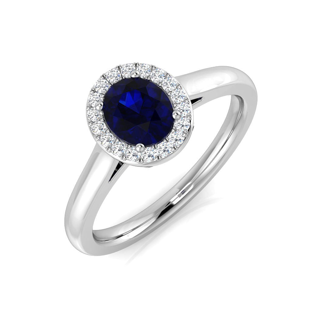 Oval Cut Blue Sapphire Halo Ring with Diamond Pave Band in 10K/14K gold and platinum with certified lab-grown or natural diamonds