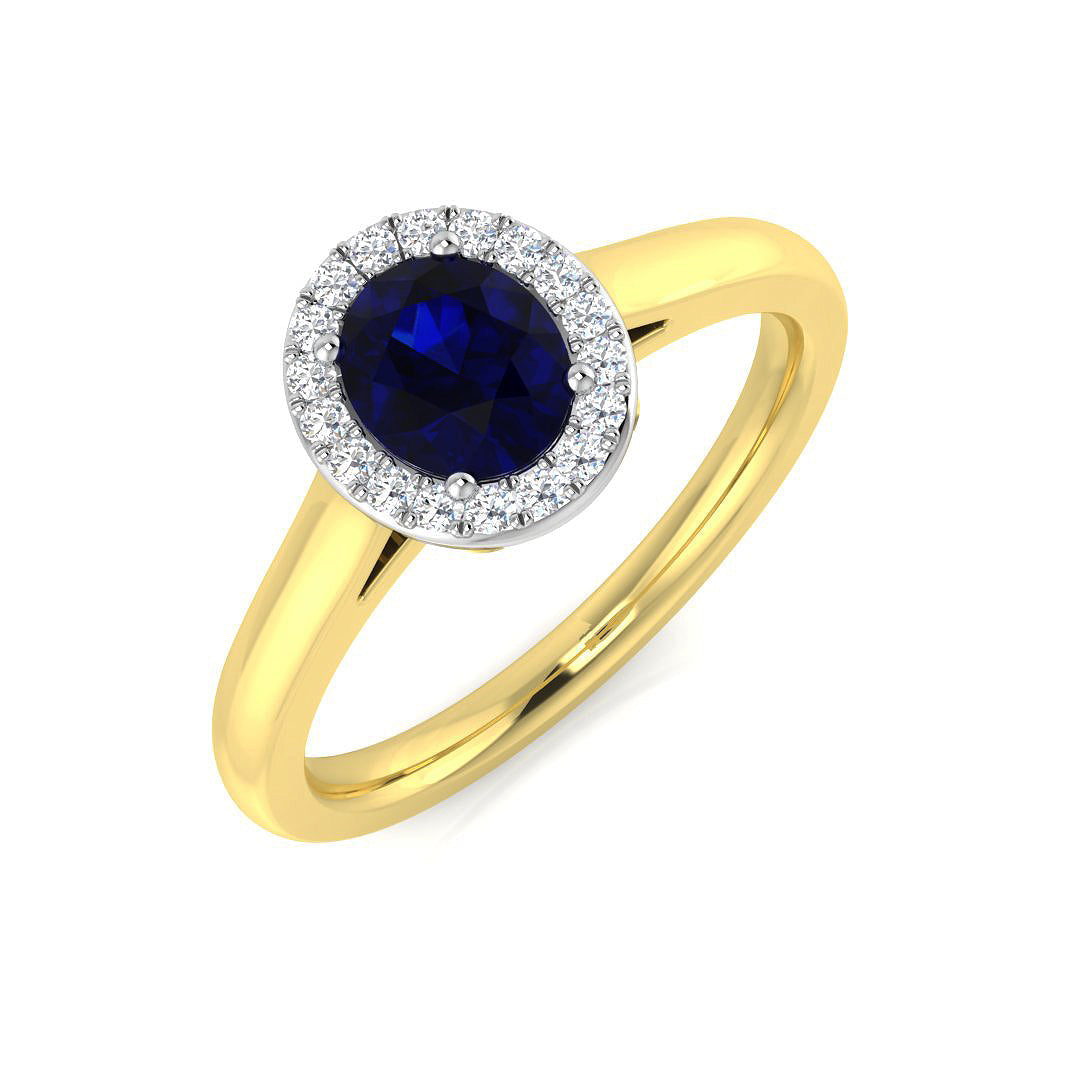 Oval Cut Blue Sapphire Halo Ring with Diamond Pave Band in 10K/14K gold and platinum with certified lab-grown or natural diamonds