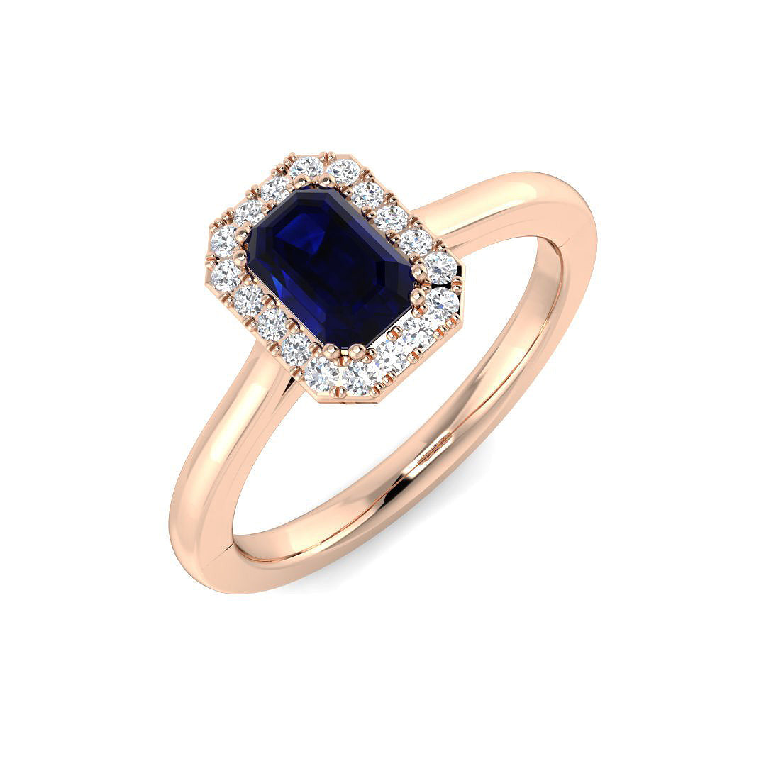 Solitaire Blue Sapphire Halo Ring with Natural Pave Round Diamonds in 10K/14K gold and platinum with certified lab-grown or natural diamonds