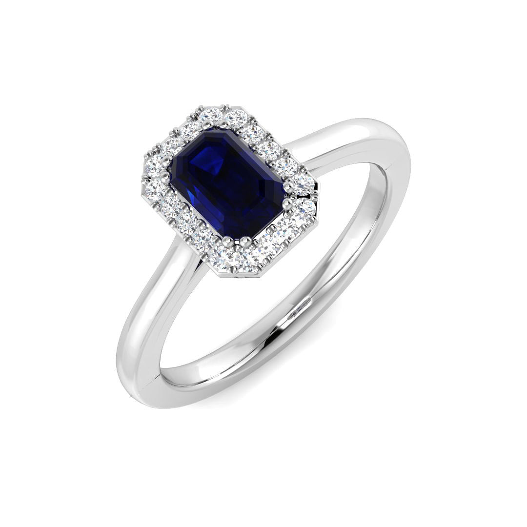 Solitaire Blue Sapphire Halo Ring with Natural Pave Round Diamonds in 10K/14K gold and platinum with certified lab-grown or natural diamonds