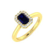 Solitaire Blue Sapphire Halo Ring with Natural Pave Round Diamonds in 10K/14K gold and platinum with certified lab-grown or natural diamonds