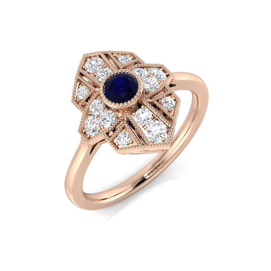Vintage Blue Sapphire Ring with Round Milgrain Shank Pave Diamond in 10K/14K gold and platinum with certified lab-grown or natural diamonds